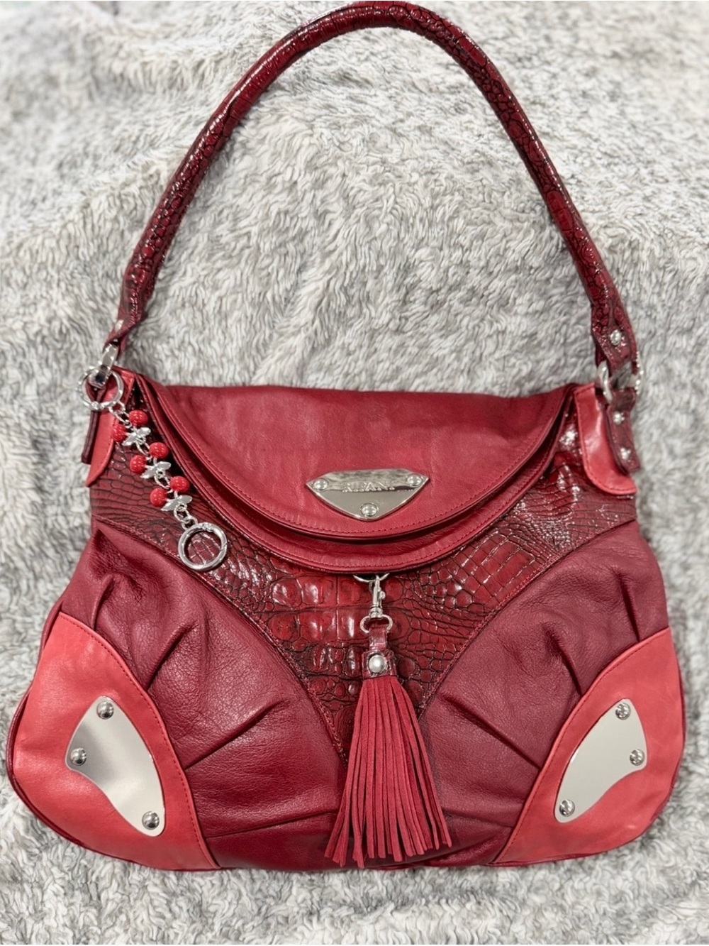 Women's RIPANI Vintage Red Leather Tassel Shoulder Bag with Accent Hardware